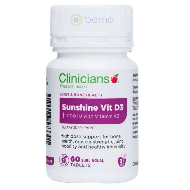 Clinicians, Sunshine Vit D3 1000 IU with Vitamin K2, 60 Tablets (7866460176636)