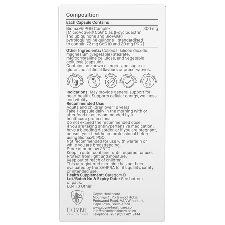 Coyne Healthcare, Biomax PQQ With CoQ10 Complex 300mg, 30 Veg Caps (8218369327356) (8987053195516)