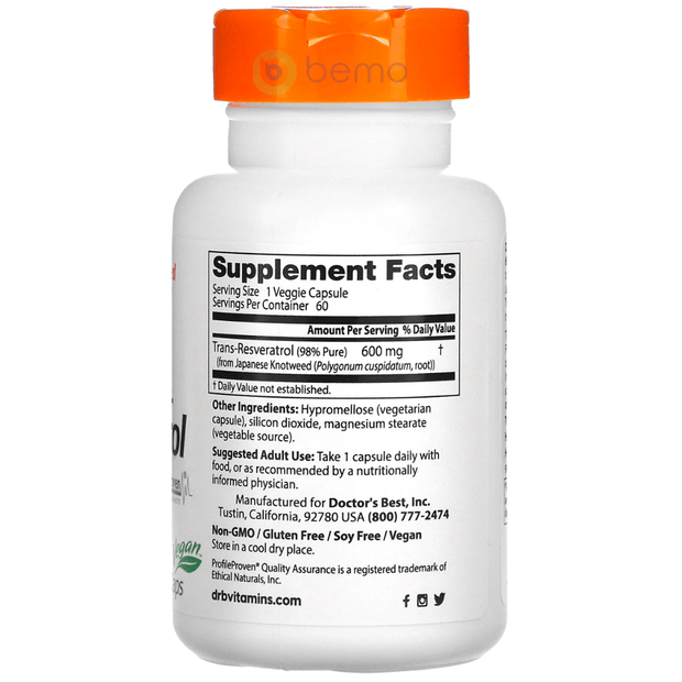 Doctor's Best, High Potency Trans-Resveratrol, 600mg, 60 Veg Caps (5378774565028)