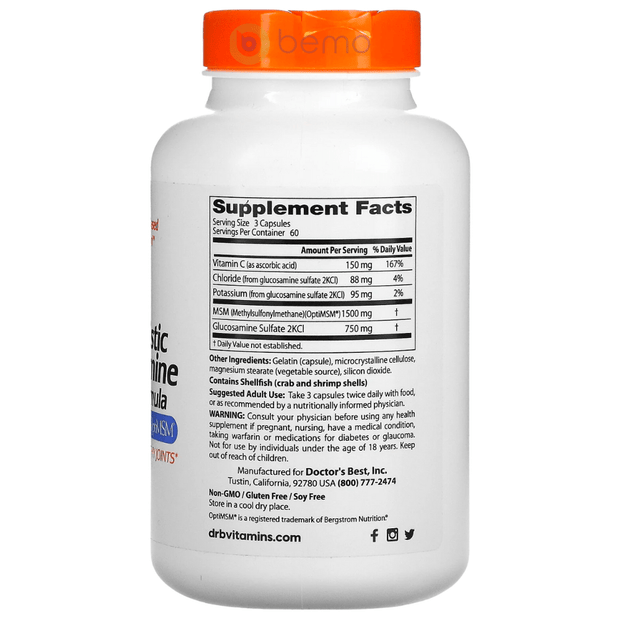 Doctor's Best, Synergistic Glucosamine MSM Formula, with OptiMSM, 180 Capsules (4422516048012)