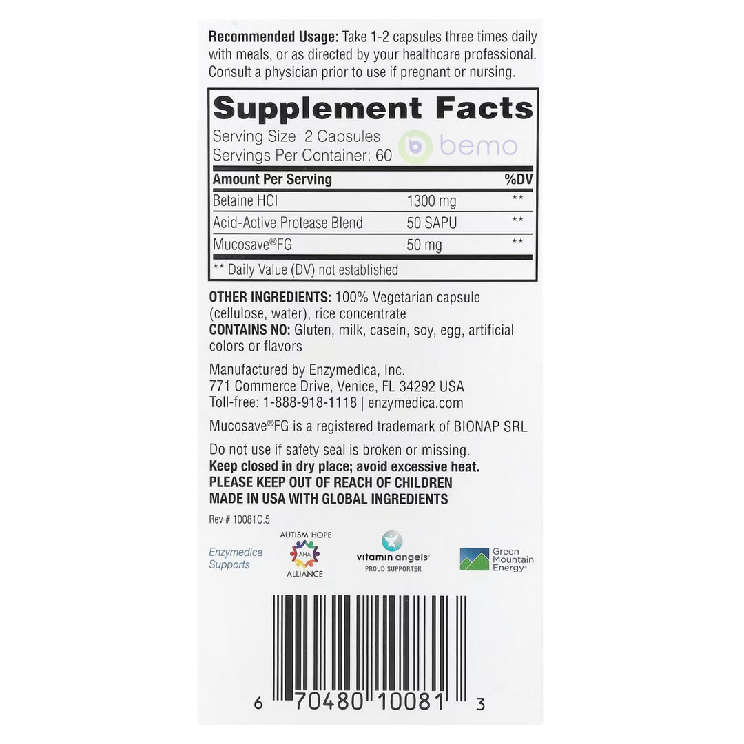 Enzymedica, Fast Acting Betaine HCl, 120 caps