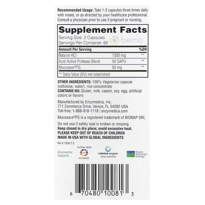 Enzymedica, Fast Acting Betaine HCl, 120 caps
