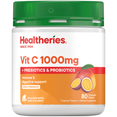 Healtheries, Vitamin C 1000mg Prebiotics & Probiotics, 80 Chewable Tablets (9004539379964)