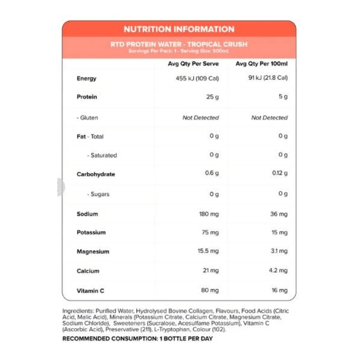 Muscle Nation, Protein Water Zero Sugar, Tropical Crush, 500ml