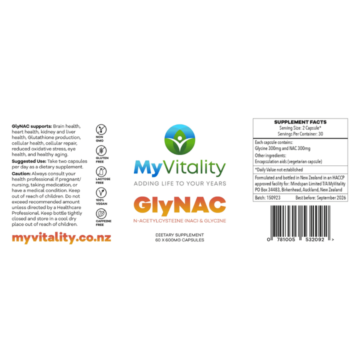 MyVitality, GlyNAC (Glycine &amp; NAC) 60 x 600mg Capsules (8661306179836)
