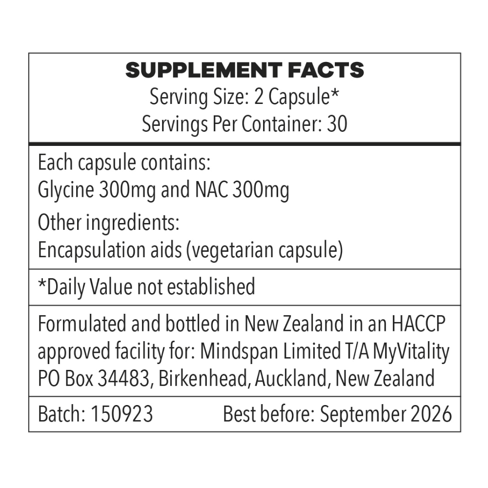 MyVitality GlyNAC Glycine NAC 600mg 60 Capsules Bemo Myvitality glynac glycine nac 600mg 60 capsules bemo