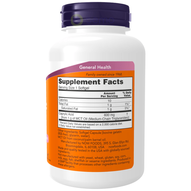 Now Foods, Caprylic Acid, 600mg, 100 Softgels (8125191946492)