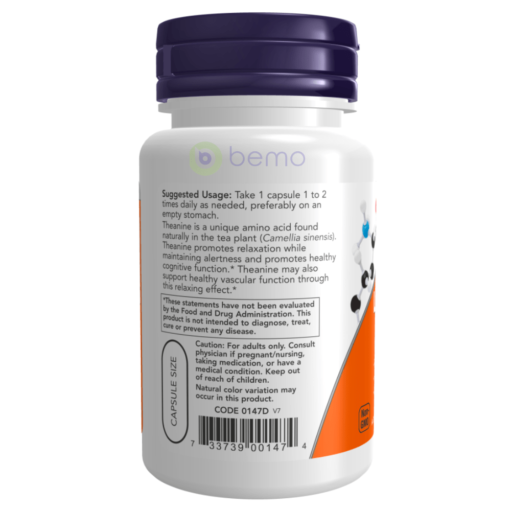 Now Foods, L-Theanine, Double Strength, 200 mg, 60 Veg Capsules (4424084488332)