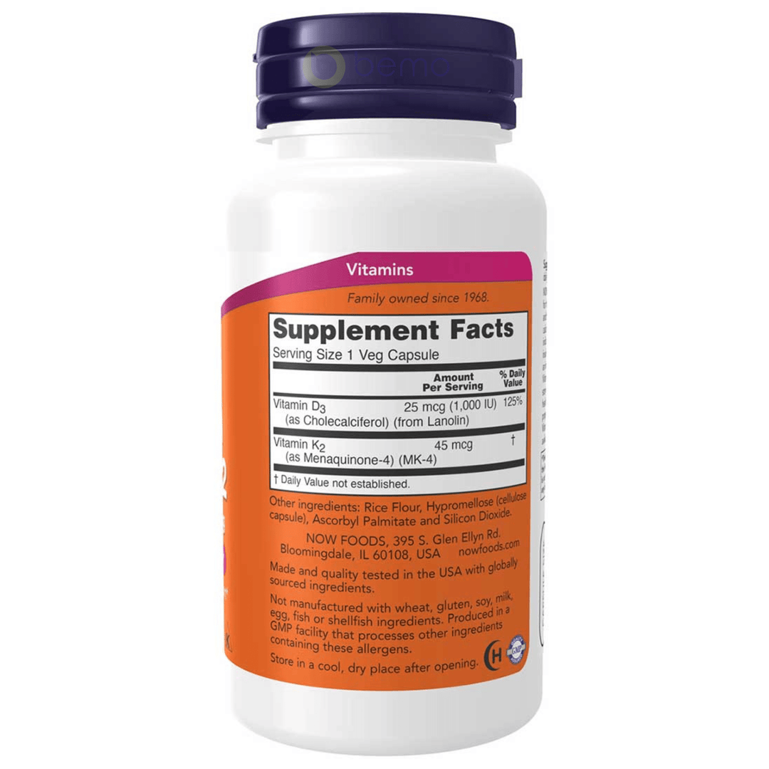 Now Foods, Vitamin D-3 &amp; K-2, 1000 IU / 45 mcg, 120 Veg Capsules (4428901417100)