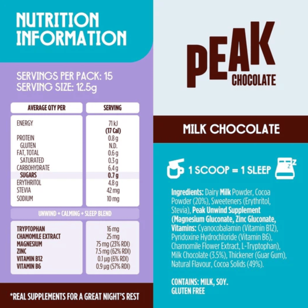 Peak Chocolate, Unwind Sleepy Hot Chocolate, Milk Chocolate, 375g Powder