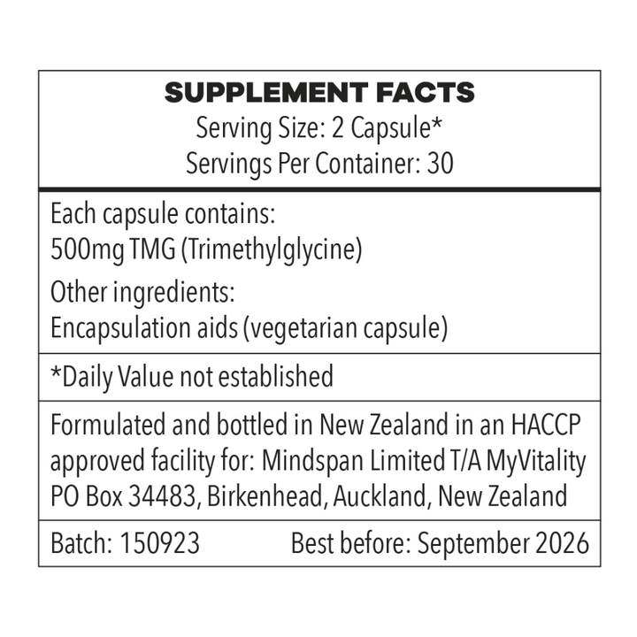 MyVitality, TMG (Trimethylglycine or Betaine) 60 x 500mg Capsules (8661242478844)