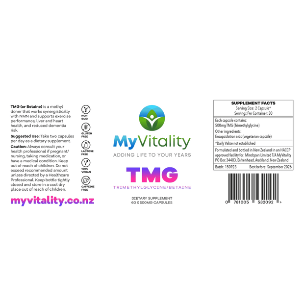 MyVitality, TMG (Trimethylglycine or Betaine) 60 x 500mg Capsules (8661242478844)