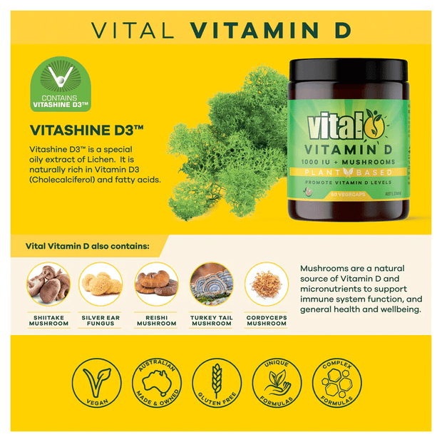 Vital, Vitamin D 1000IU + Mushrooms, 60 Vege Caps (8695988125948)
