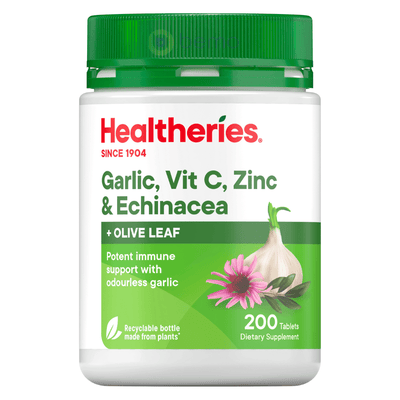 Healtheries, Garlic, Vit C, Zinc & Echinacea with Olive Leaf, 200 Tablets (7760434233596)
