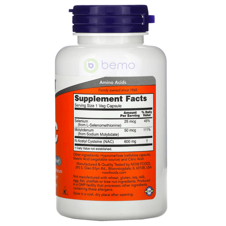 Now Foods, NAC with Selenium + Molybdenum, 600 mg, 100 Veg Capsules (4426075406476)