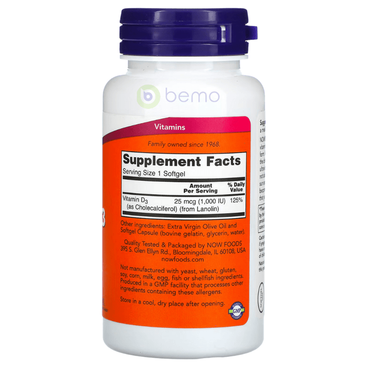 Now Foods, Vitamin D-3 High Potency, 1000 IU, 180 Softgels (4428909117580)