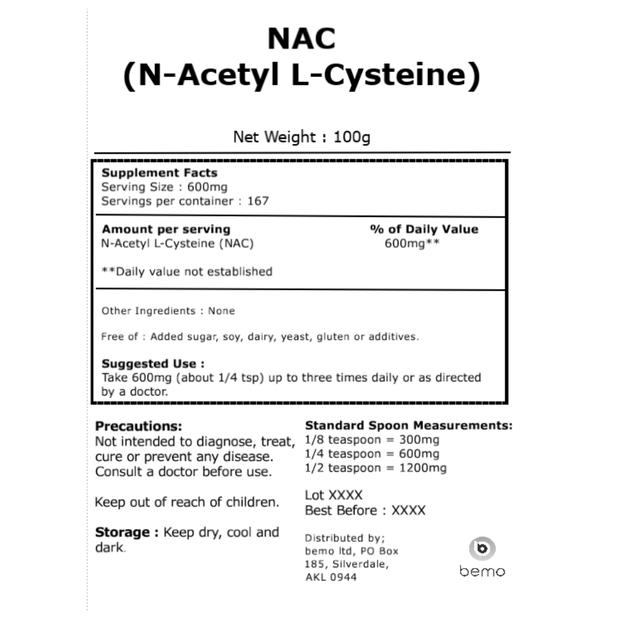 bemo, NAC, N-Acetyl L-Cysteine, 100g (7022426980516)